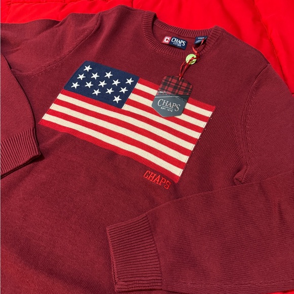 Chaps Men's Burgundy Sweater with American Flag - Picture 2 of 4